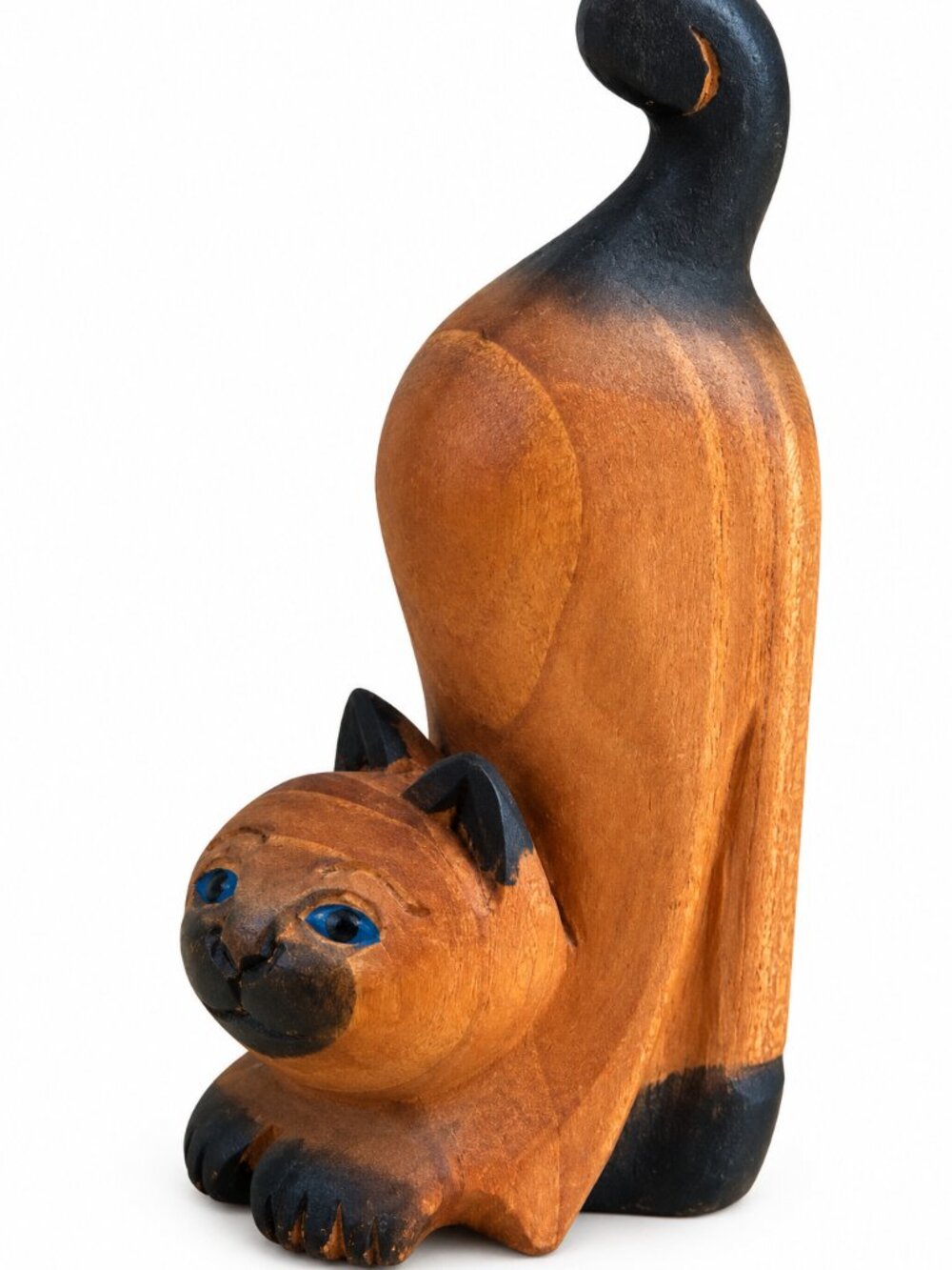 Artesian Hand Carved Wooden Stretching Cat Figurine Brown Black Folk Art 5"